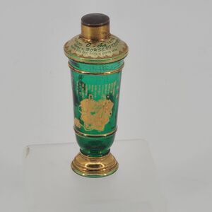 Vintage Glass Sake Bottle O-Cha House Green Gold Design